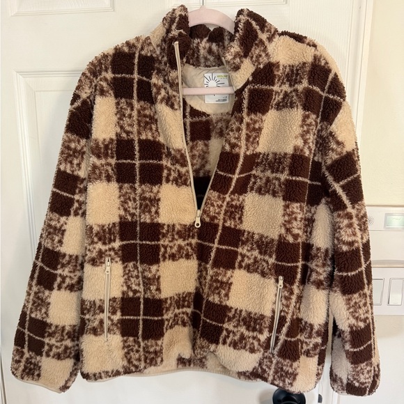 aerie Tops - aerie Brown and Cream Plaid Sherpa Half-Zip Hoodie